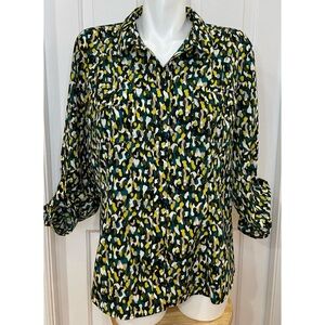 Dana Buchman Blouse Shirt Yellow Black Button Down Tabbed Sleeves Womens Size XL